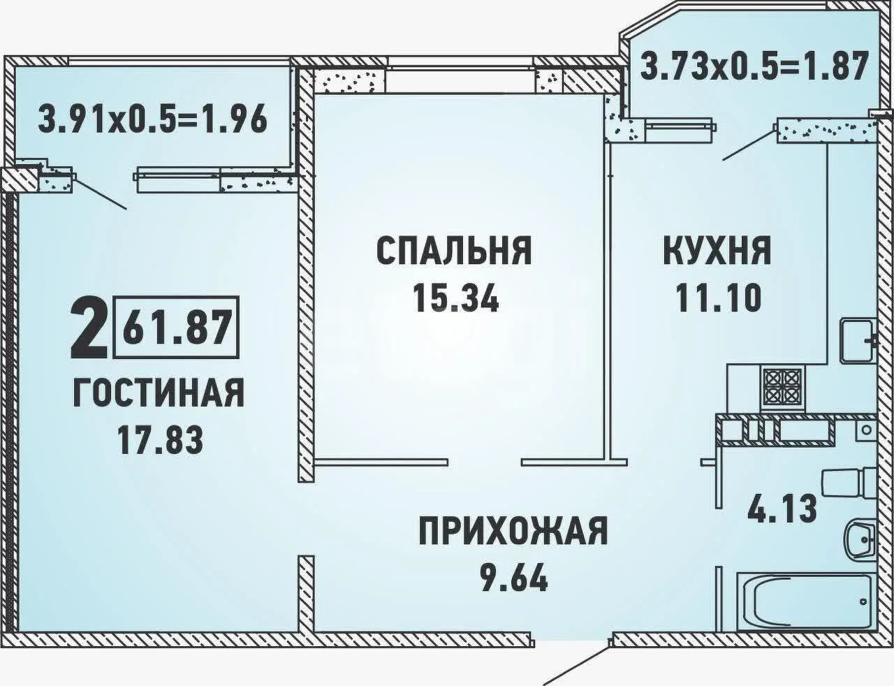2-к квартира, 58м² (улица имени Героя Николая Шевелёва, 7) - миниатюра 15
