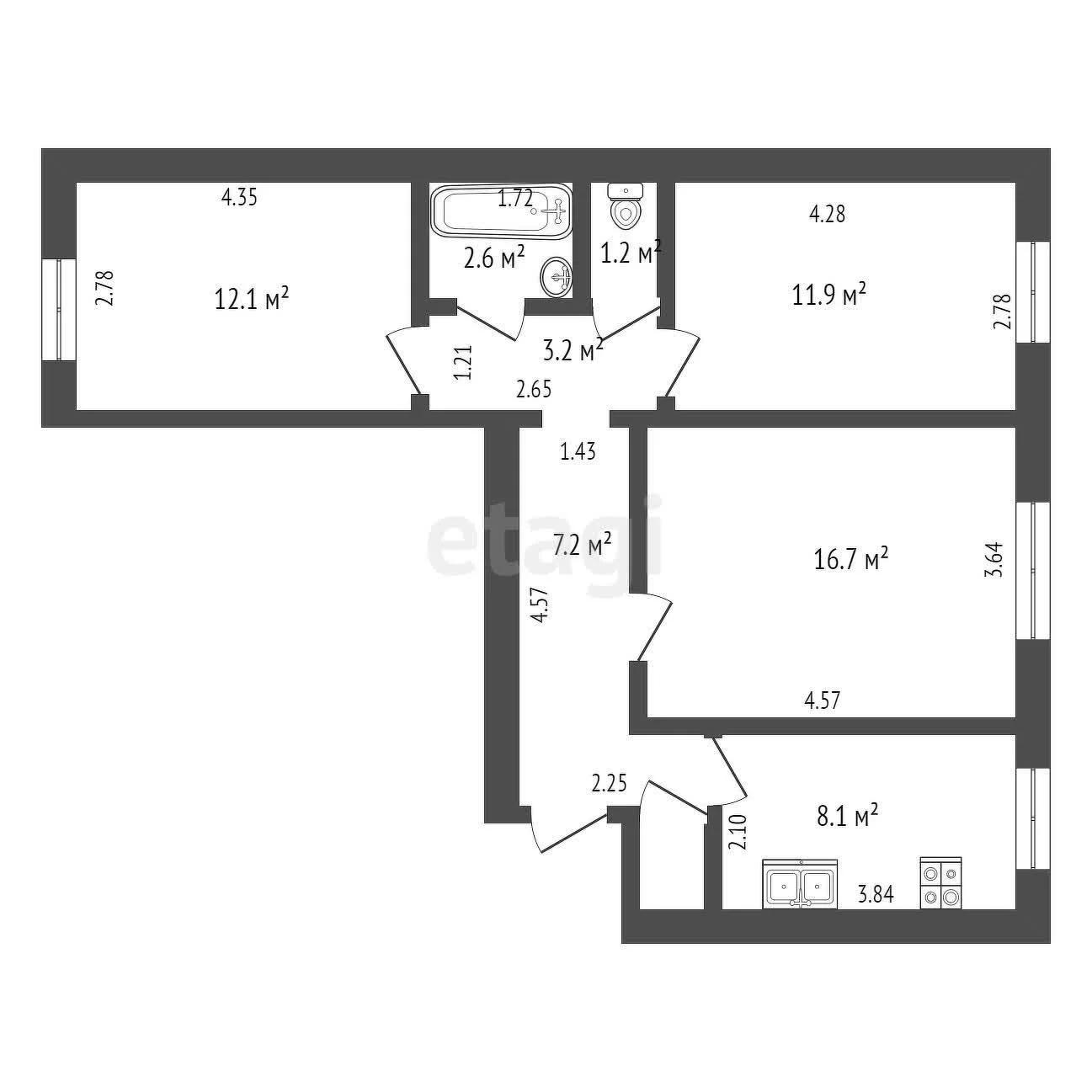 3-к квартира, 68.9м² (проспект Чекистов, 3) - миниатюра 13