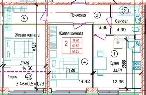 2-к квартира, 56м² (Обрывная улица, 132/1к1) - изображение 1