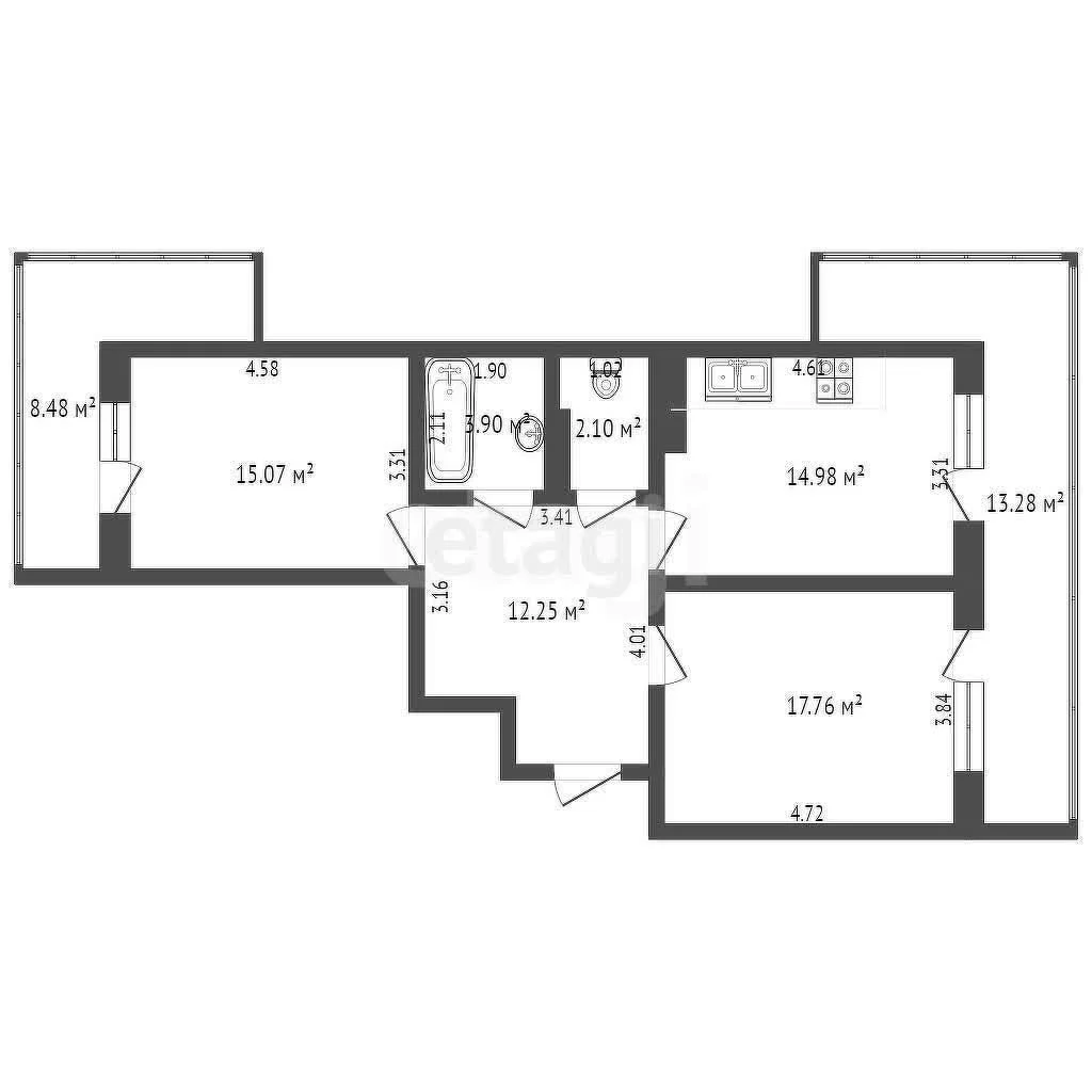 2-к квартира, 66.3м² (Стахановская улица, 1/3)
