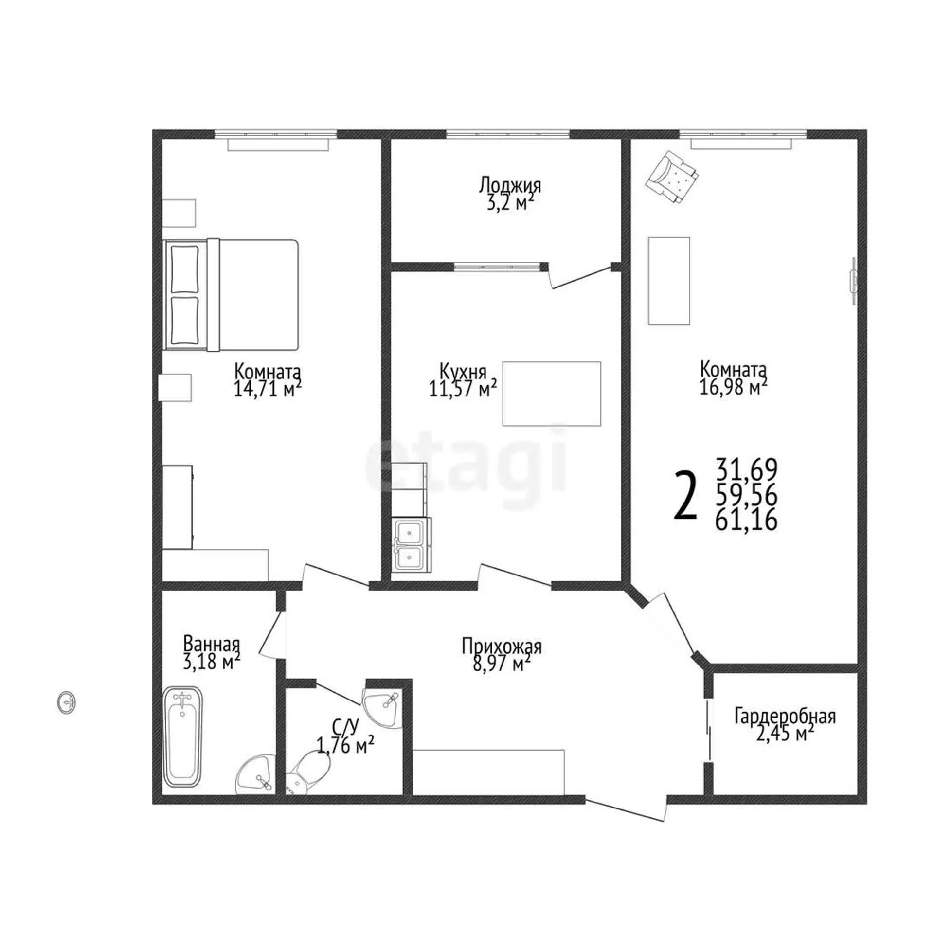 2-к квартира, 60.1м² (Зиповская улица, 38) - миниатюра 13