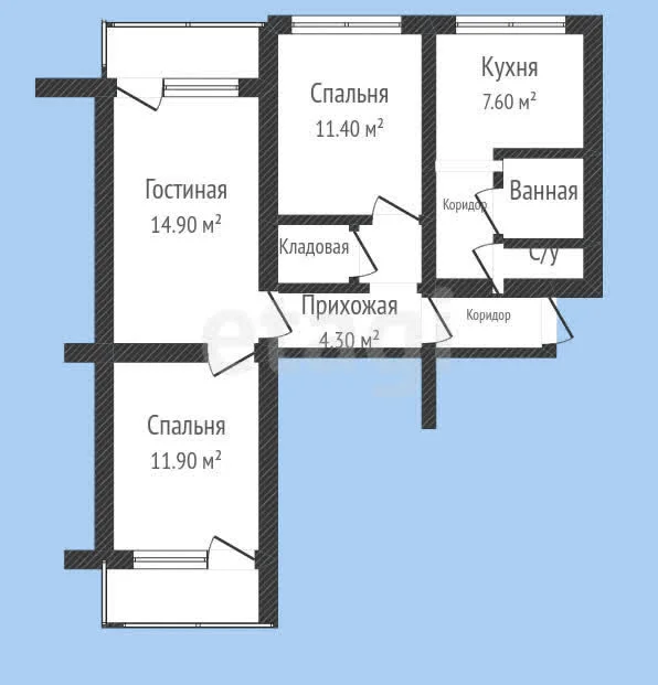 3-к квартира, 61.2м² (улица Гидростроителей, 39) - миниатюра 32