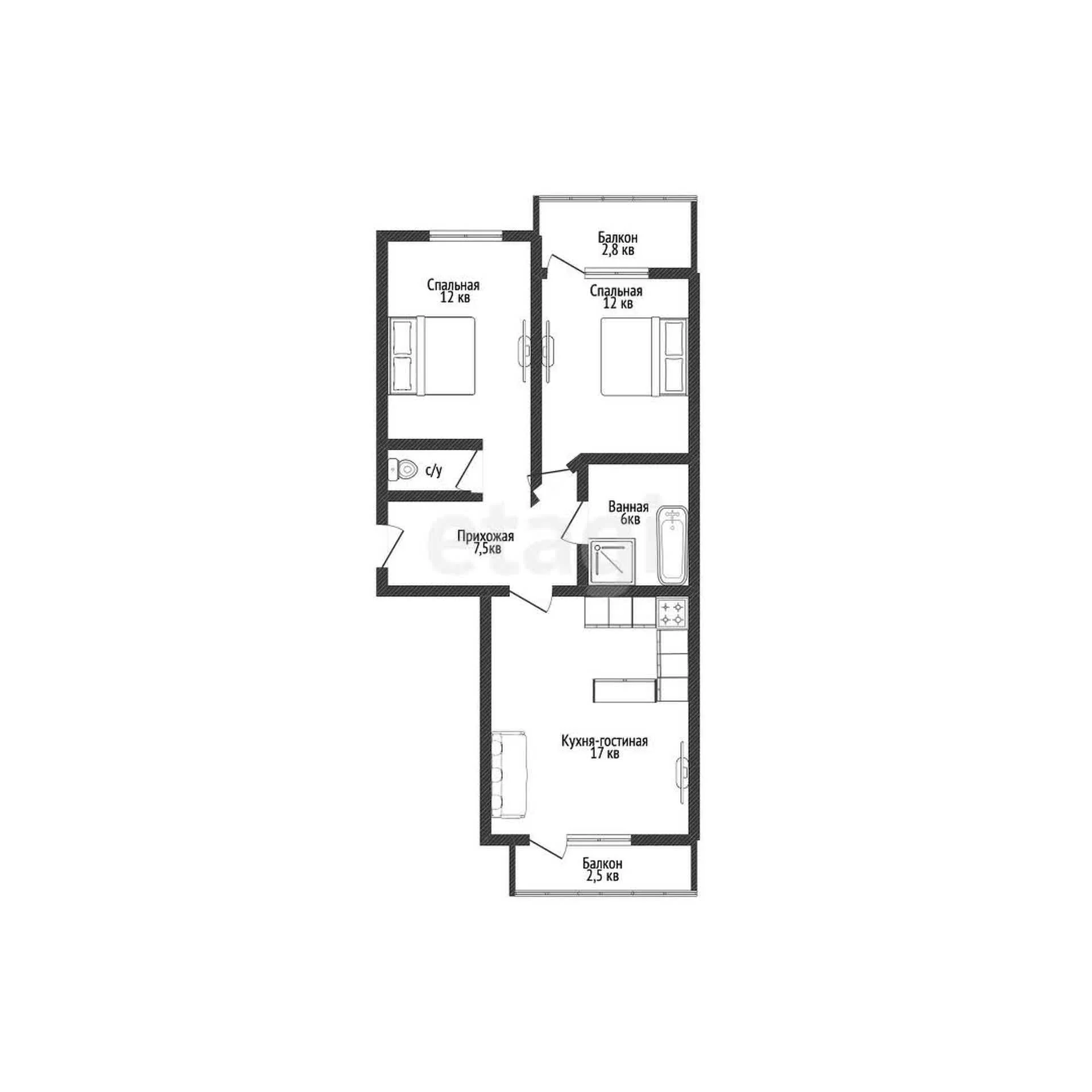 2-к квартира, 53.3м² (Российская улица, 79/3к1) - миниатюра 24