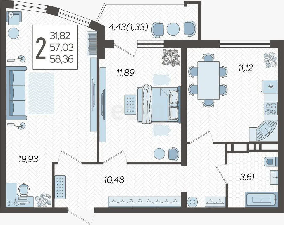 2-к квартира, 58.36м² (Уральская улица, 100/6) - миниатюра 12