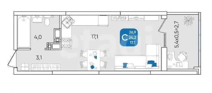 Студия, 25.1м² (, 16/1) - миниатюра 2