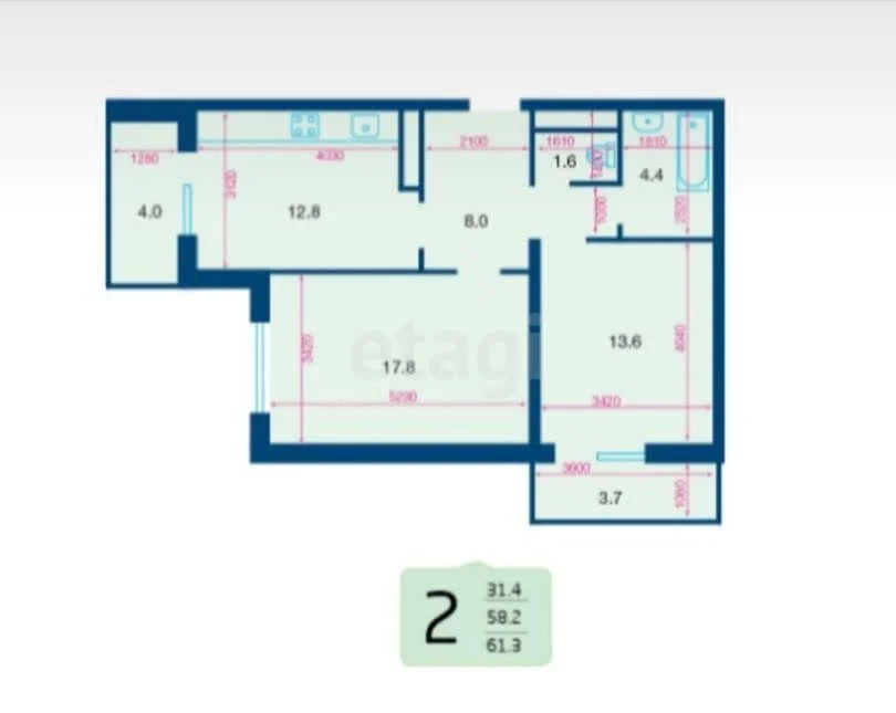2-к квартира, 58.2м² (улица Героя Владислава Посадского, 16/1) - миниатюра 14