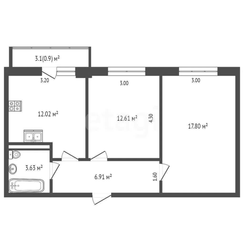 2-к квартира, 53.5м² (улица Краеведа Соловьёва, 6) - изображение 1