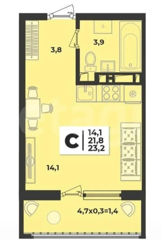 Студия, 21.9м² (улица Западный Обход, 48)