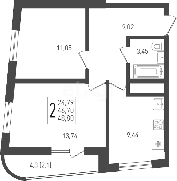 2-к квартира, 48.8м² (Целиноградская улица, 2и)