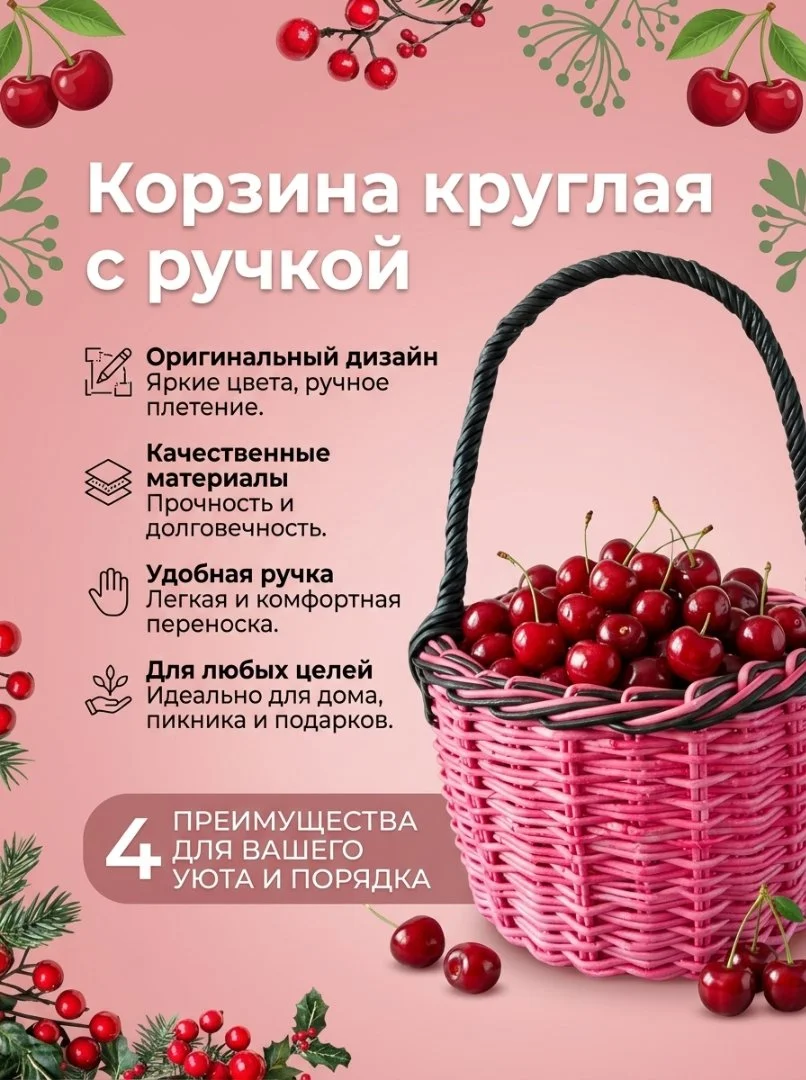 Корзина круглая, глубокая с ручкой, розовая - миниатюра 2