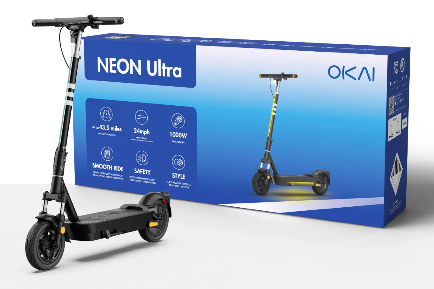 Электросамокат на полной мягкой подвеске Okai ES40 neon Ultra, 1000W, 37км/ч - миниатюра 13