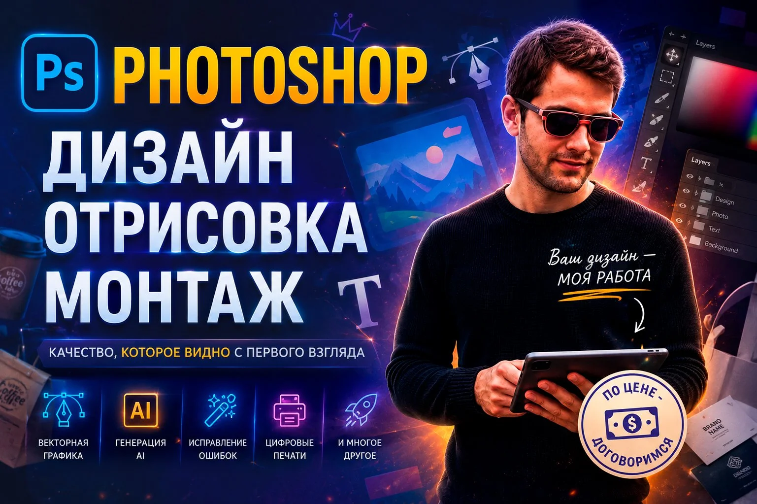 Дизайнер, Фотошоп, вектор, отрисовка, монтаж - изображение 1