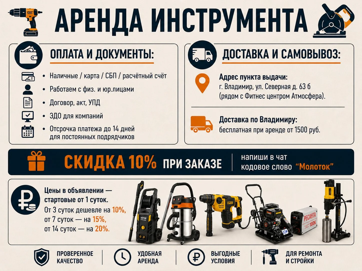 Аренда инструмента Владимир | Без залога - изображение 1