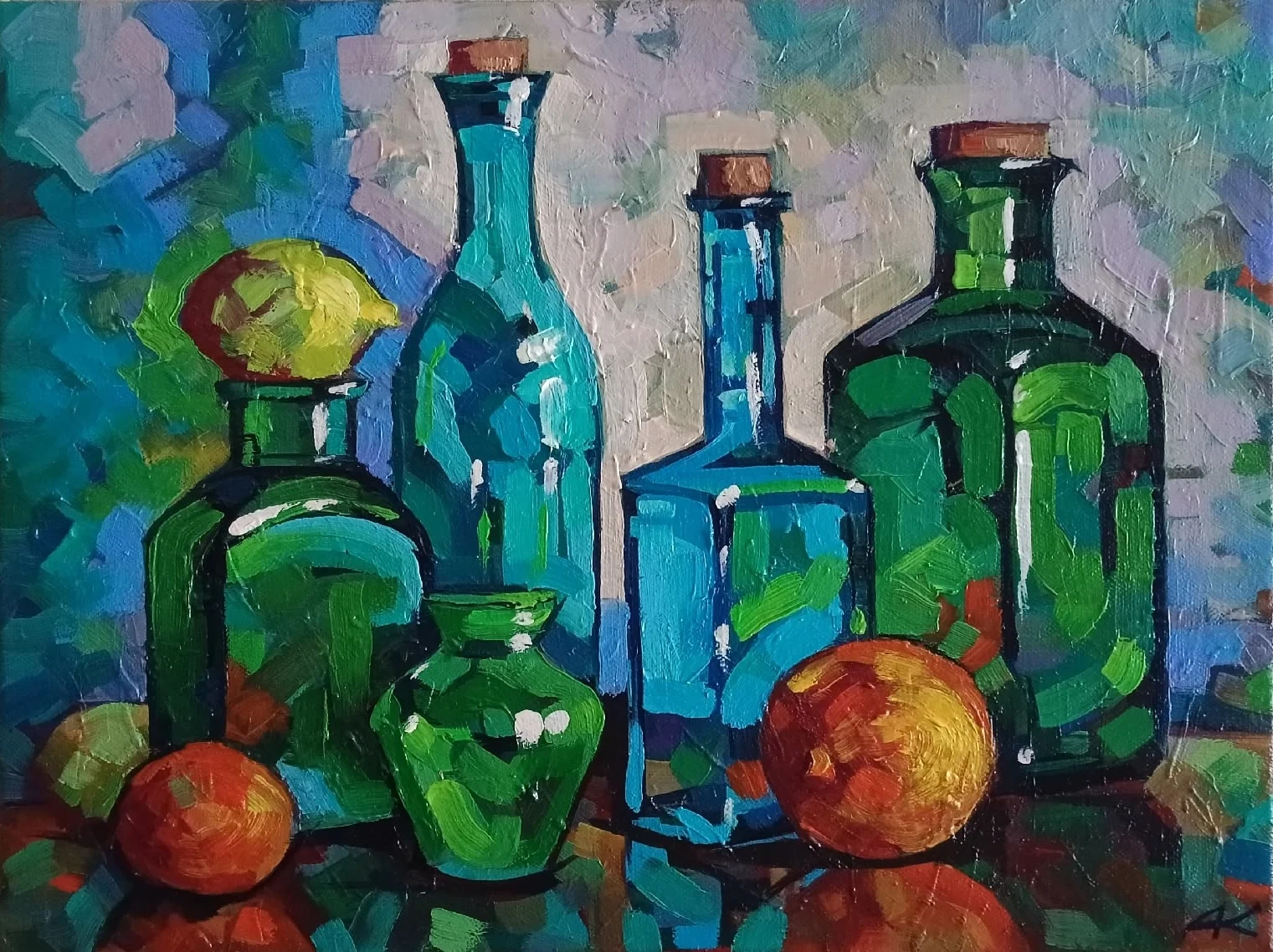 Картина маслом. Натюрморт. Стеклянные бутылки - изображение 1