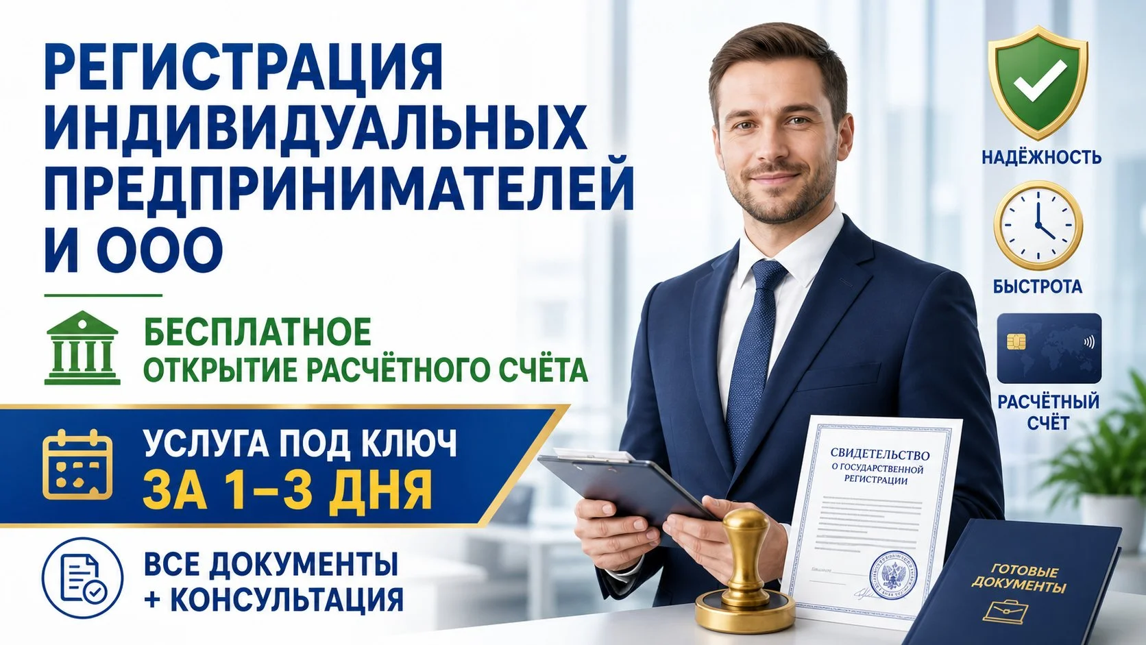 Регистрация ИП и ООО + открытие расчётного счёта БЕСПЛАТНО - изображение 1