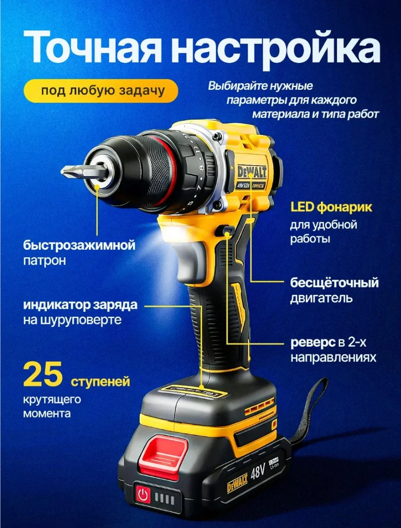 Шуруповерт аккумуляторный бесщеточный мощный 48 В, дрель аккумуляторная с 2 АКБ в кейсе - миниатюра 2