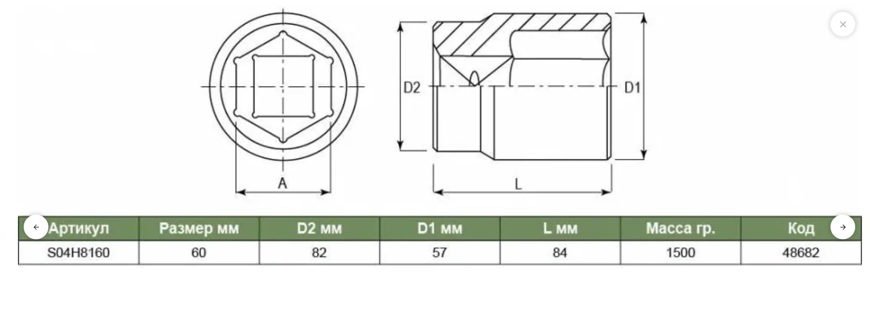 Торцевая головка JONNESWAY, S04H8160, 6-ти гранник, 1" DR, 60мм - миниатюра 2