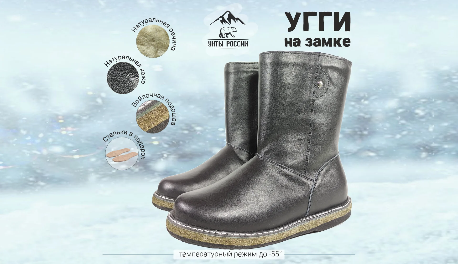 Угги женские натуральные черные кожаные с замком, войлочная подошва, арт. 30015 - изображение 1