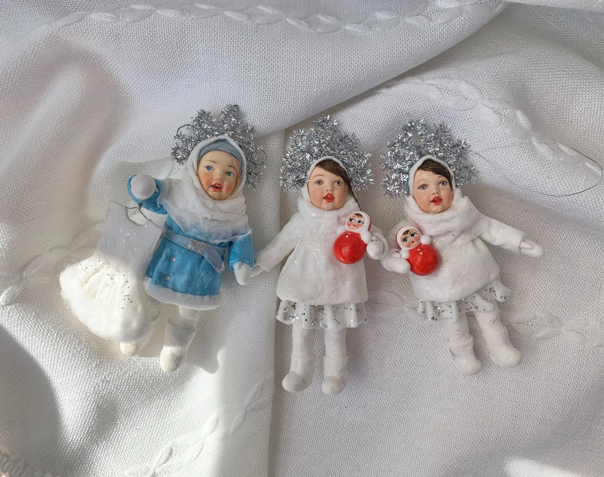 Ватная елочная игрушка девочка в костюме снежинки - миниатюра 3