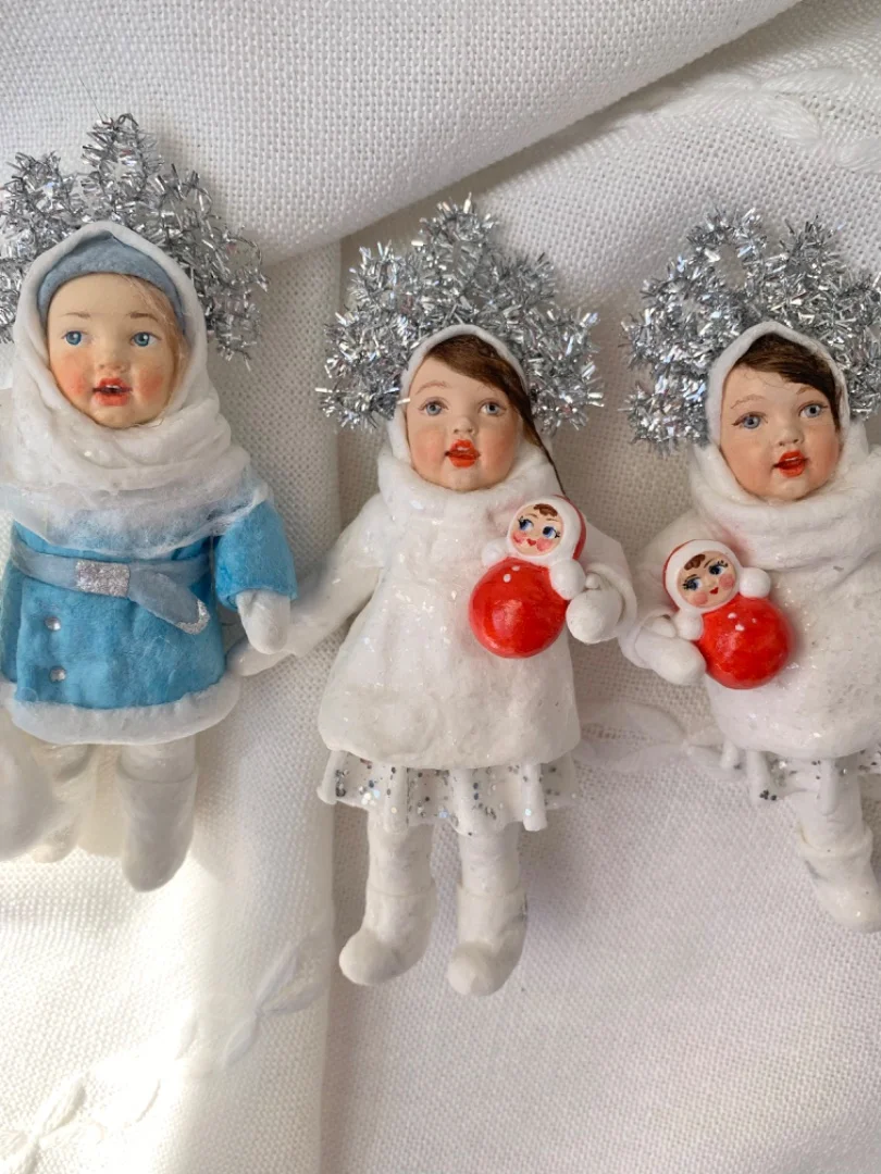 Ватная елочная игрушка девочка в костюме снежинки - миниатюра 4