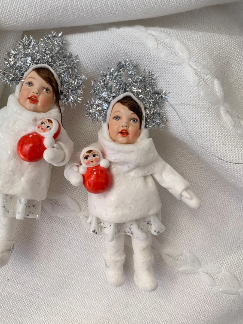 Ватная елочная игрушка девочка в костюме снежинки - миниатюра 5