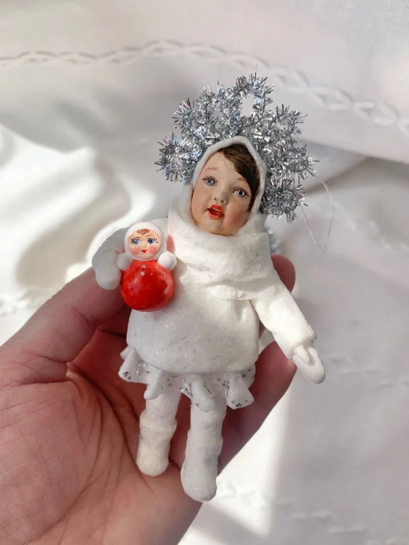 Ватная елочная игрушка девочка в костюме снежинки - миниатюра 9