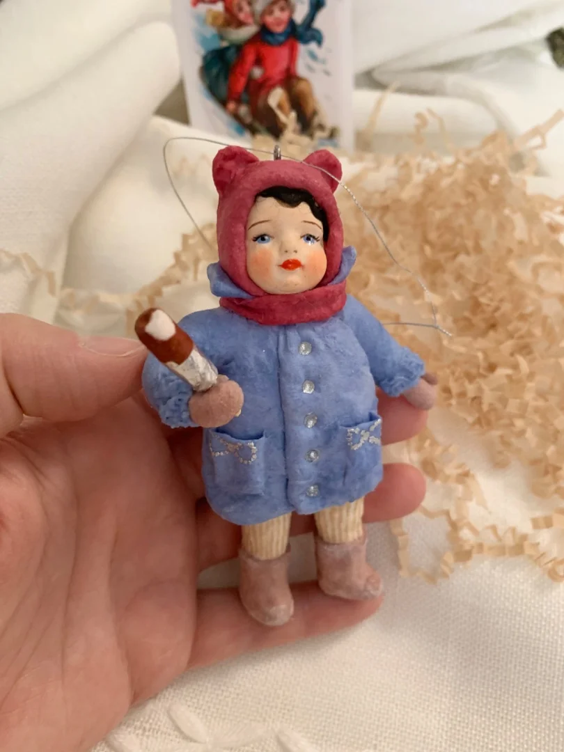 Ватная елочная игрушка, девочка с эскимо - миниатюра 3