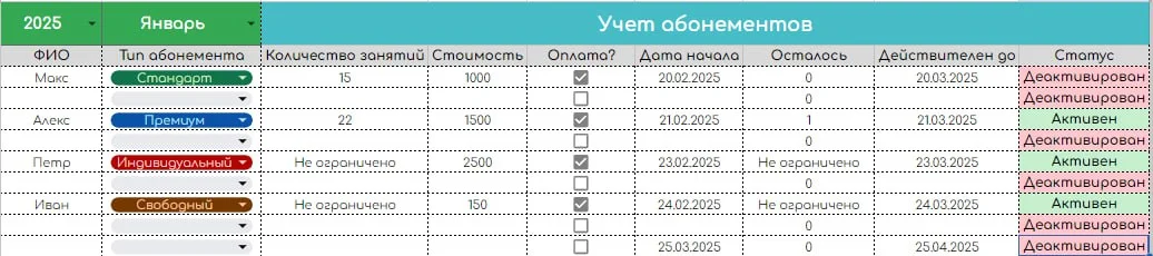 Автоматическая таблица для учета абонементов клиентов - миниатюра 3