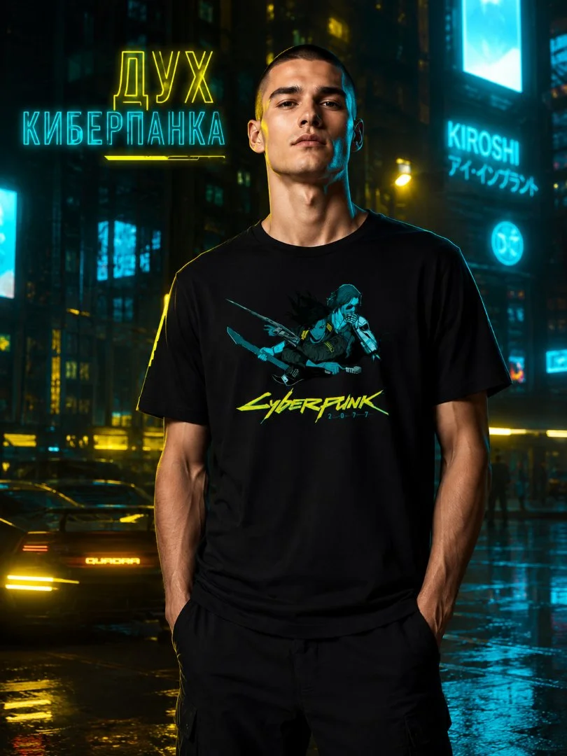 Футболка мужская черная с принтом Cyberpunk 2077, геймерская - миниатюра 2