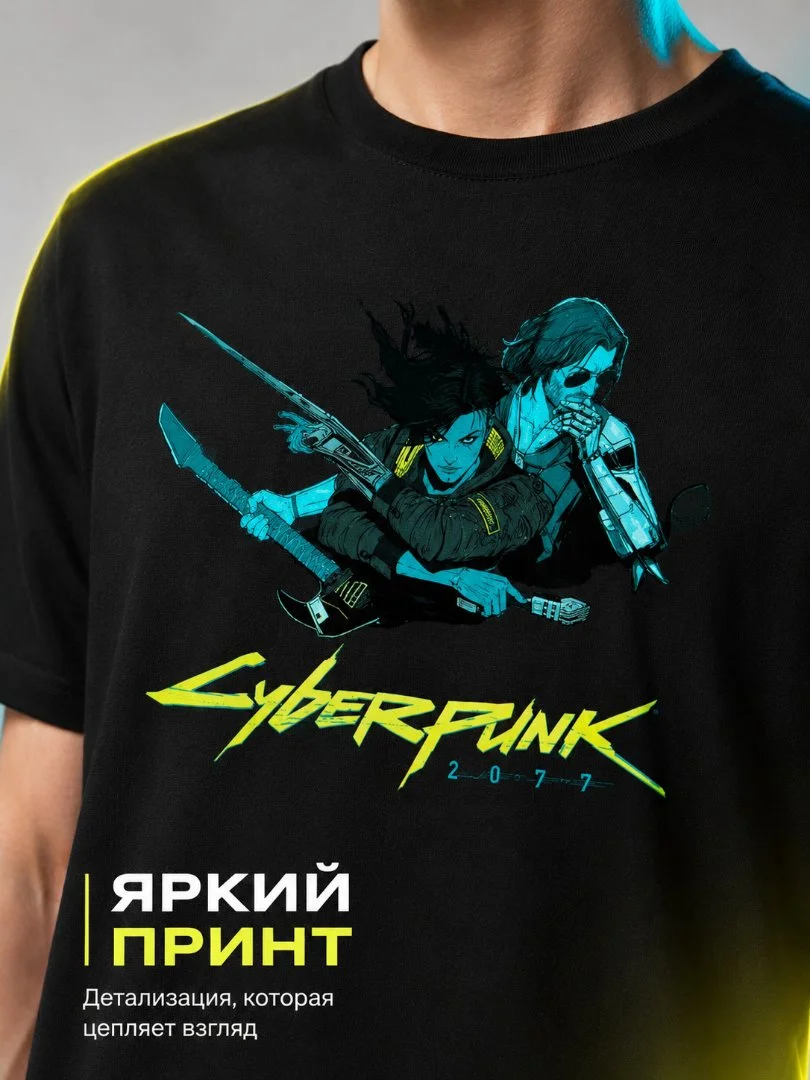 Футболка мужская черная с принтом Cyberpunk 2077, геймерская - миниатюра 3