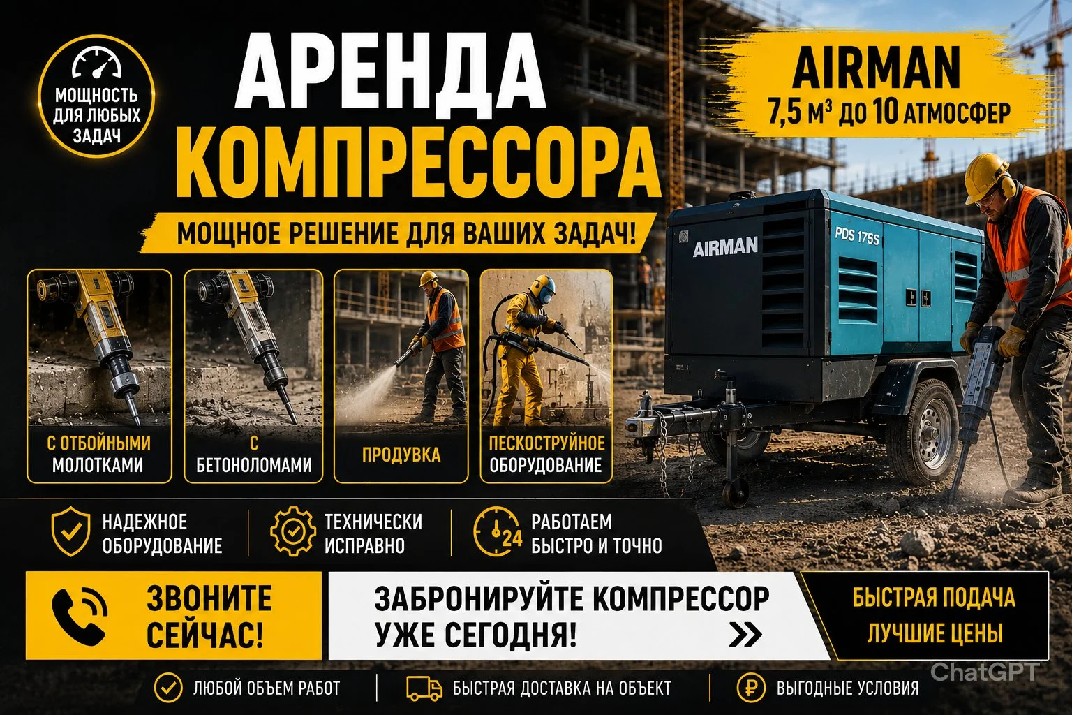 Аренда компрессора с отбойными молотками, бетоноломами, пескоструй , продувка - миниатюра 4