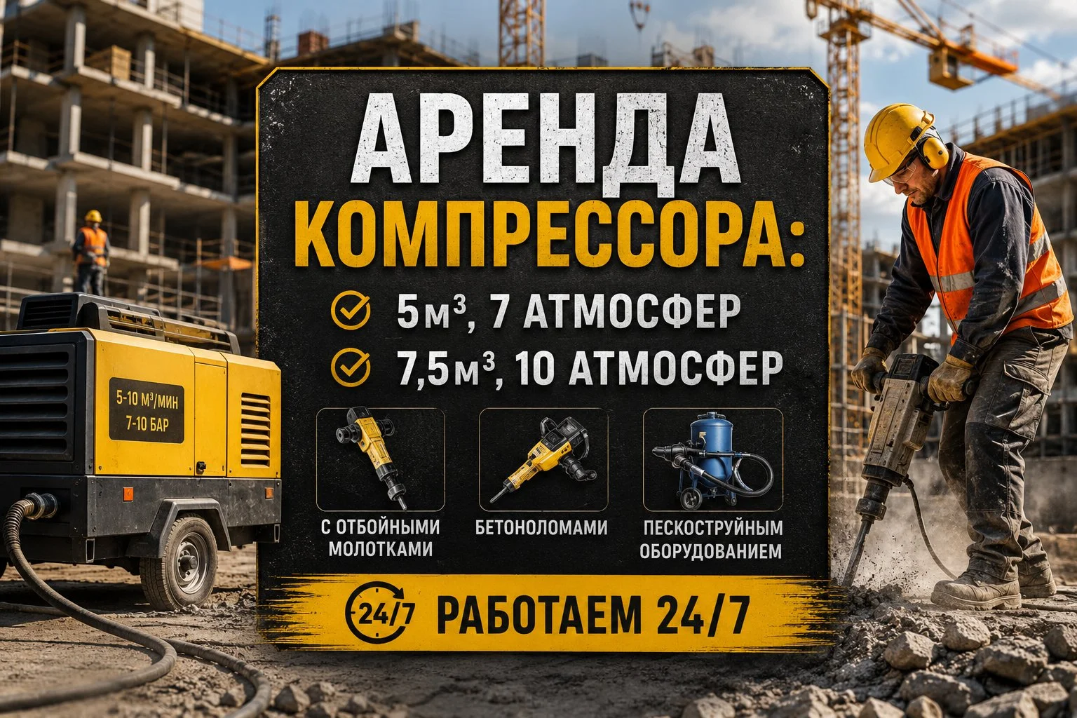 Аренда компрессора с отбойными молотками, бетоноломами, пескоструй , продувка - изображение 1