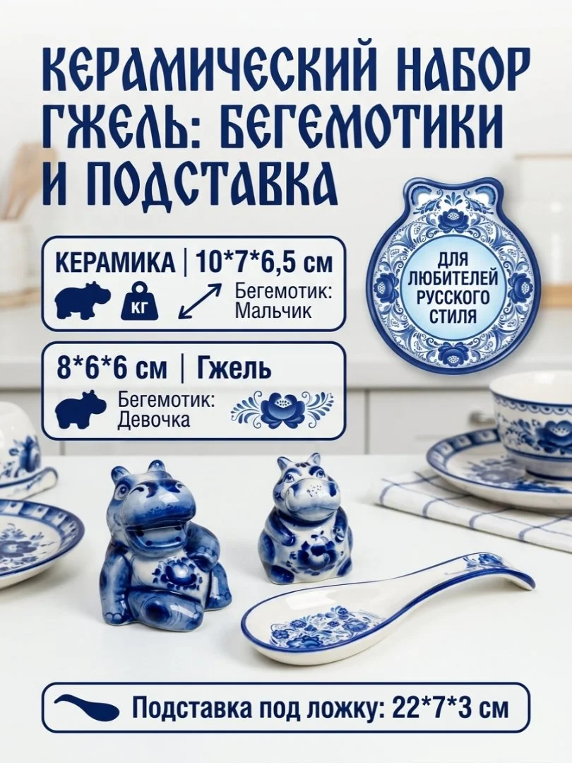 Гжель: статуэтки бегемотики и подставка под ложку - изображение 1