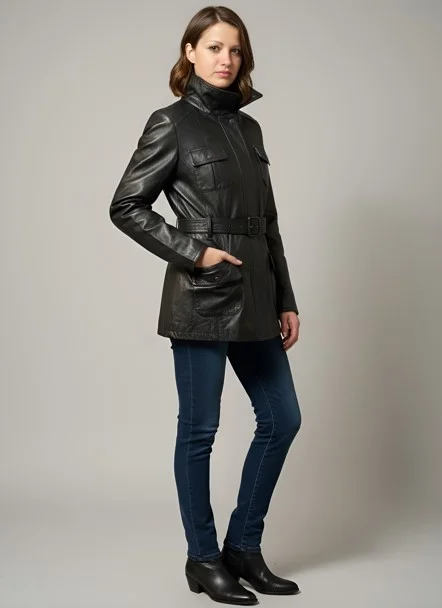 Стильная кожаная куртка-френч с поясом - миниатюра 3