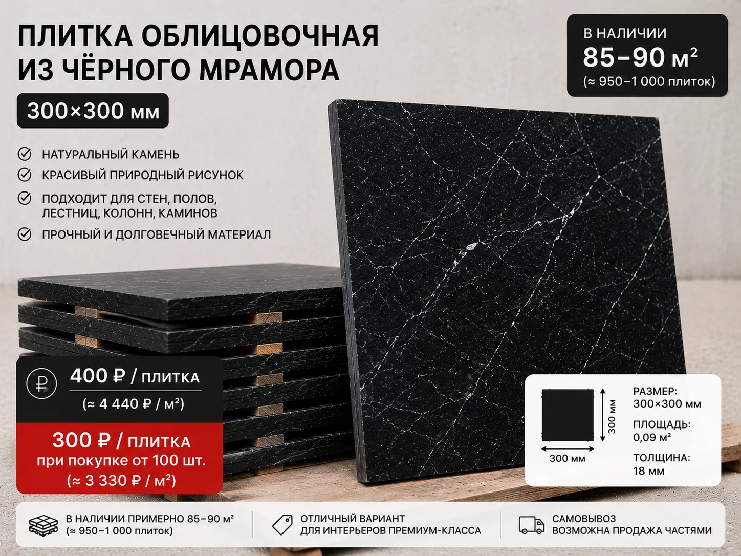 Мраморная плитка черная 300*300 - изображение 1