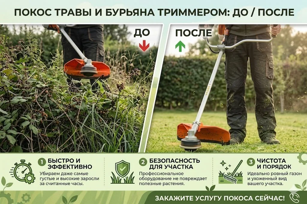 Покос травы, бурьяна и кустарников триммером - изображение 1