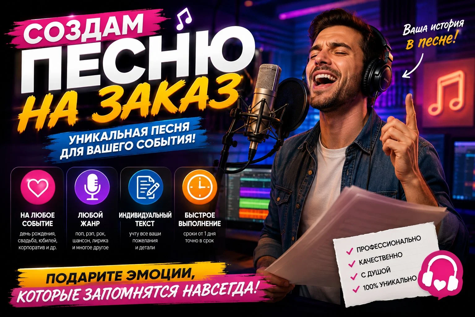 Создам песню на заказ | Любой жанр | Уникальный текст | Срочно за 1 час