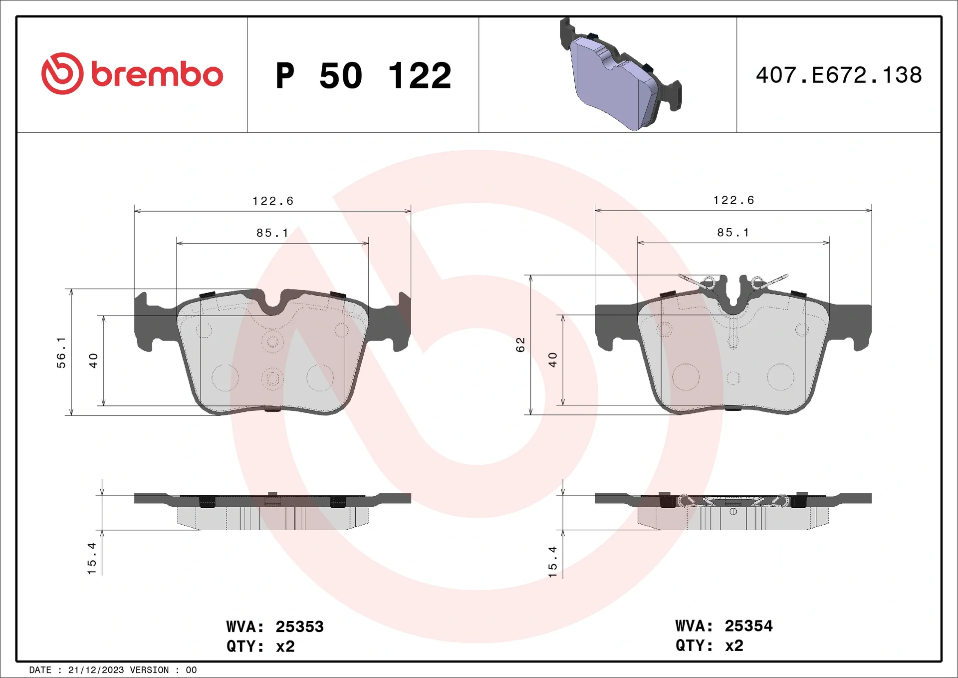 Комплект тормозных колодок, дисковый тормоз prime line P50122 BREMBO