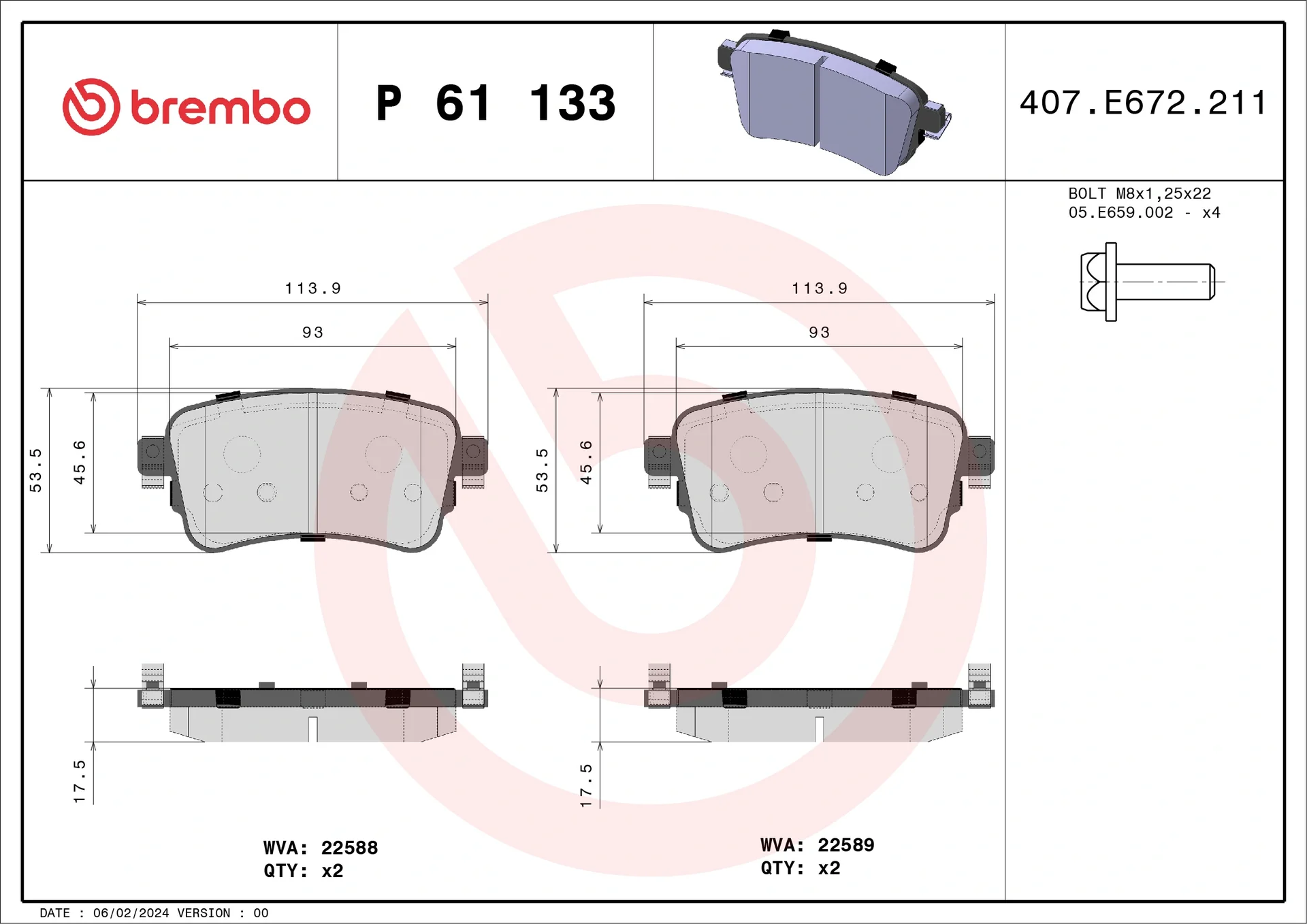 Комплект тормозных колодок, дисковый тормоз prime line P61133 BREMBO