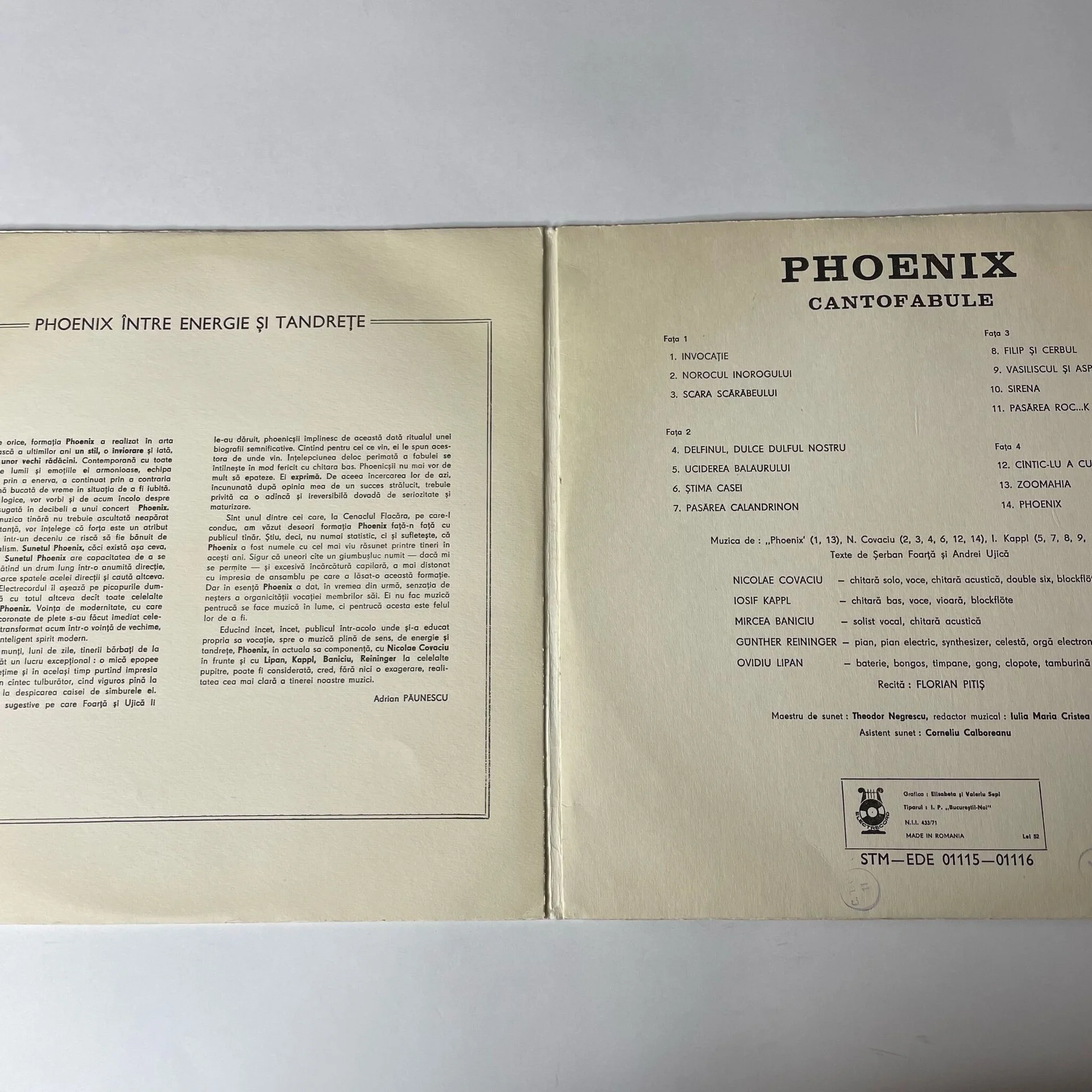 Винтажная виниловая пластинка LP Phoenix Cantofabule (Румыния 1976) - миниатюра 2