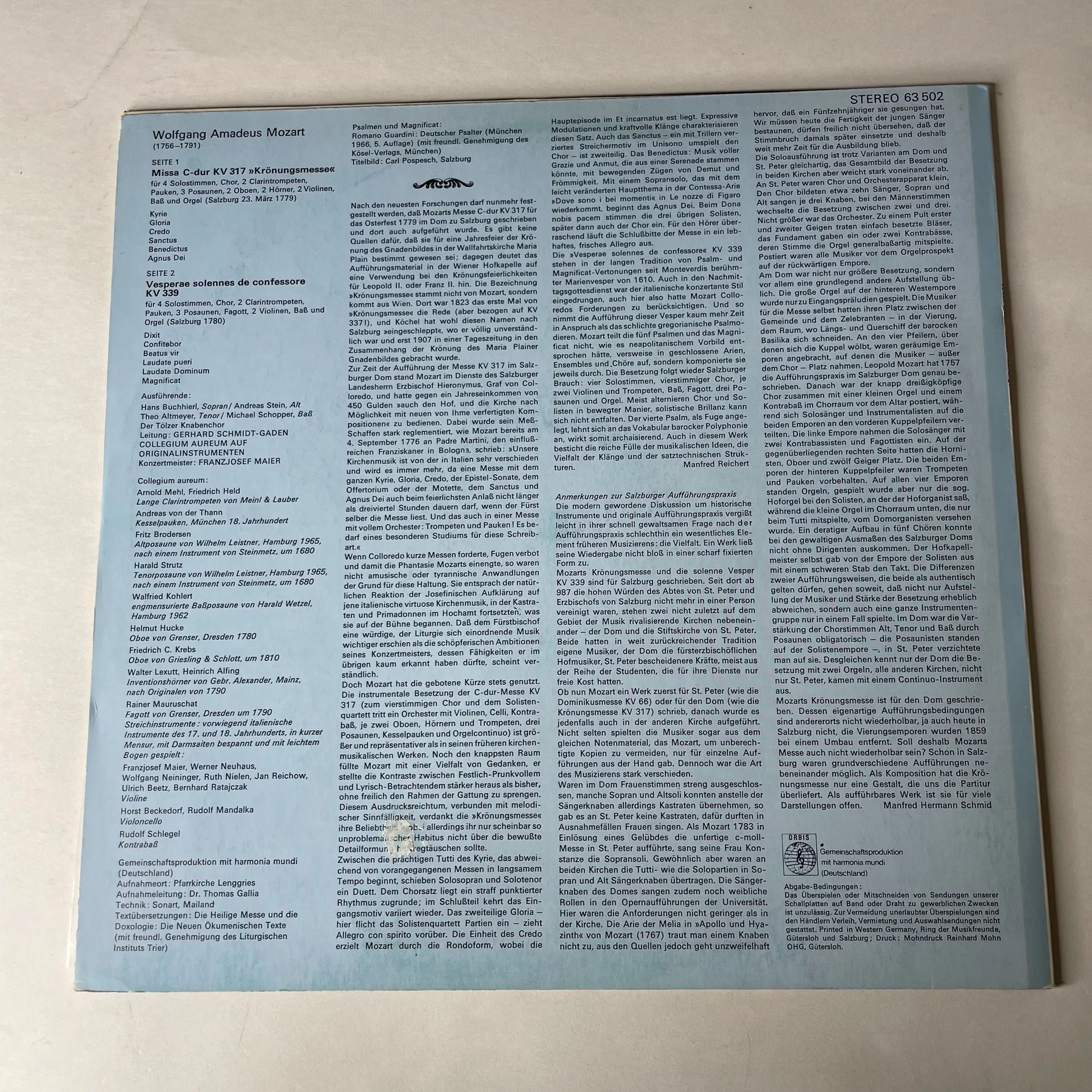 Винтажная виниловая пластинка LP W. A. Mozart, В. А. Моцарт, Kronungsmesse C Dur KV 317, KV 339 (Германия 1975)