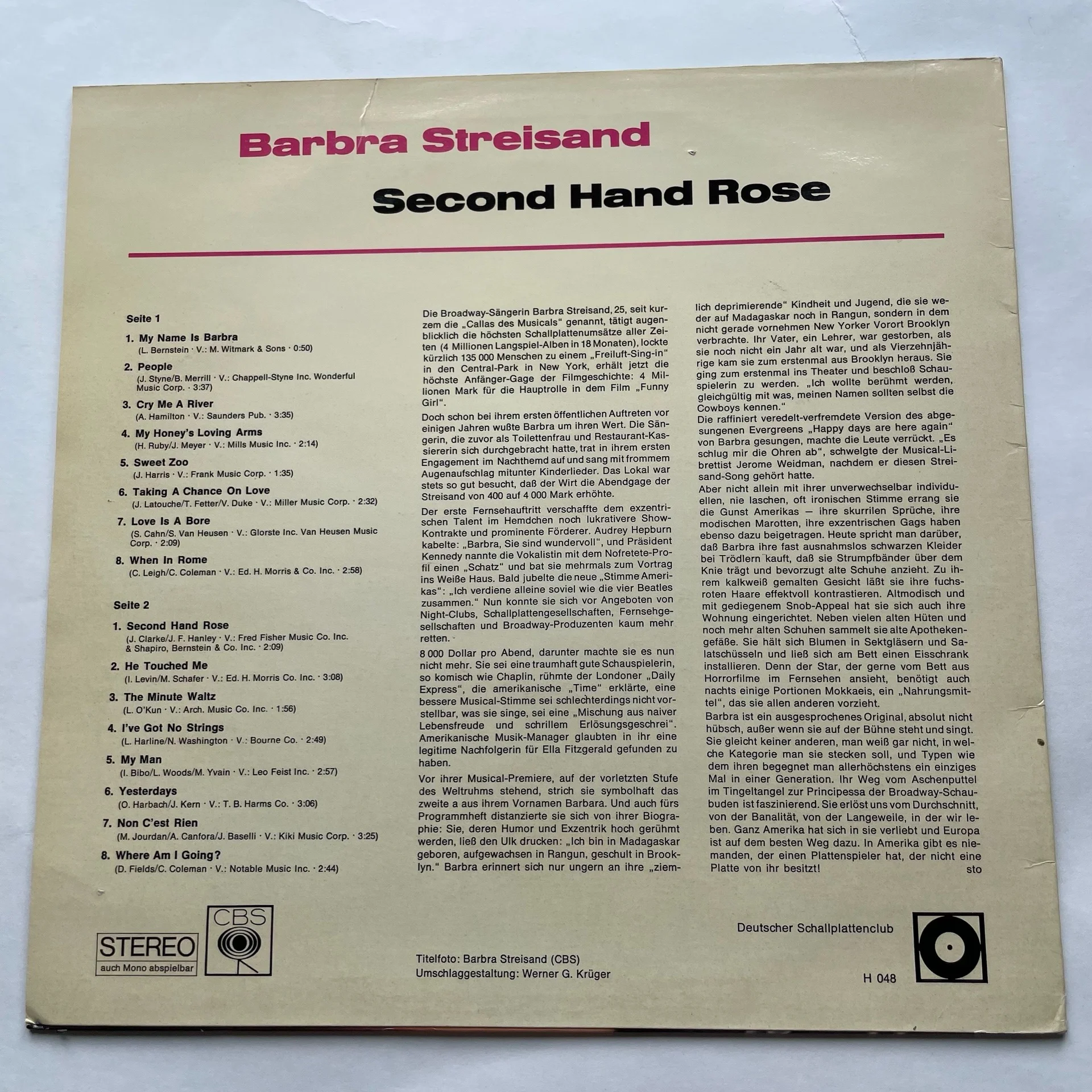Винтажная виниловая пластинка LP Barbra Streisand Second Hand Rose (Германия 1967) - миниатюра 2