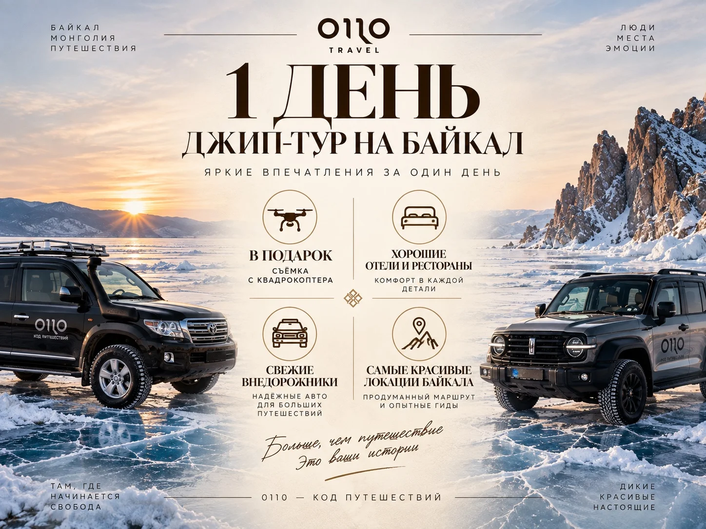 Тур Байкал Ольхон 1 день на джипах лед январь