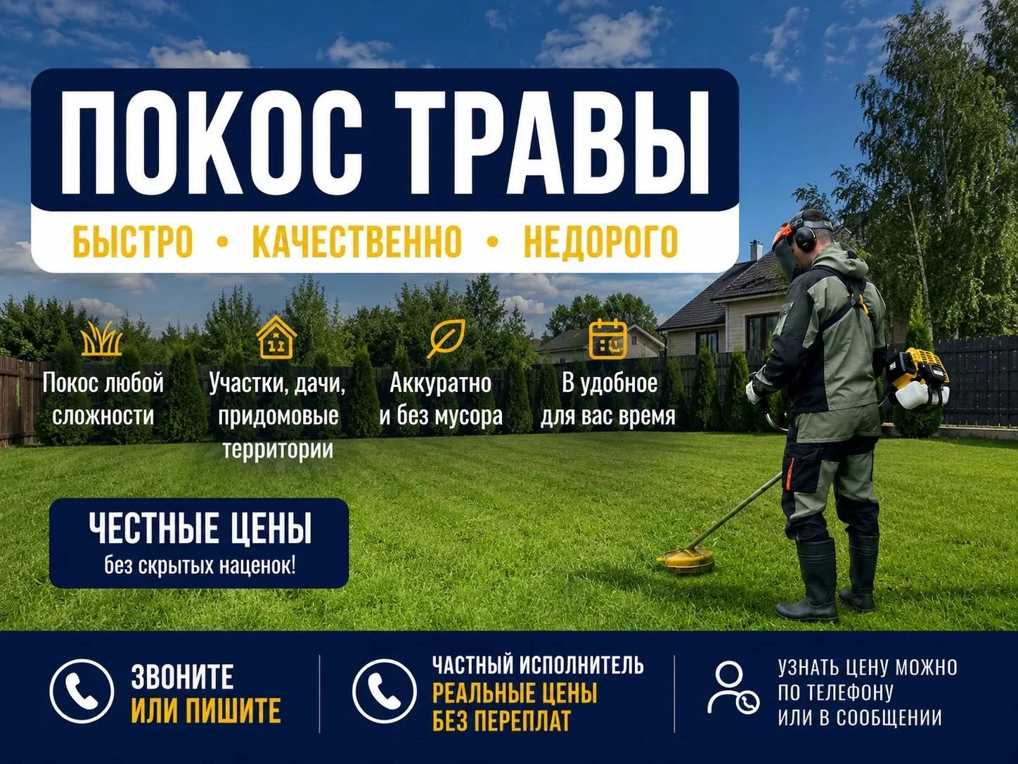 Скосить траву триммером. Очистка дорожек и плитки