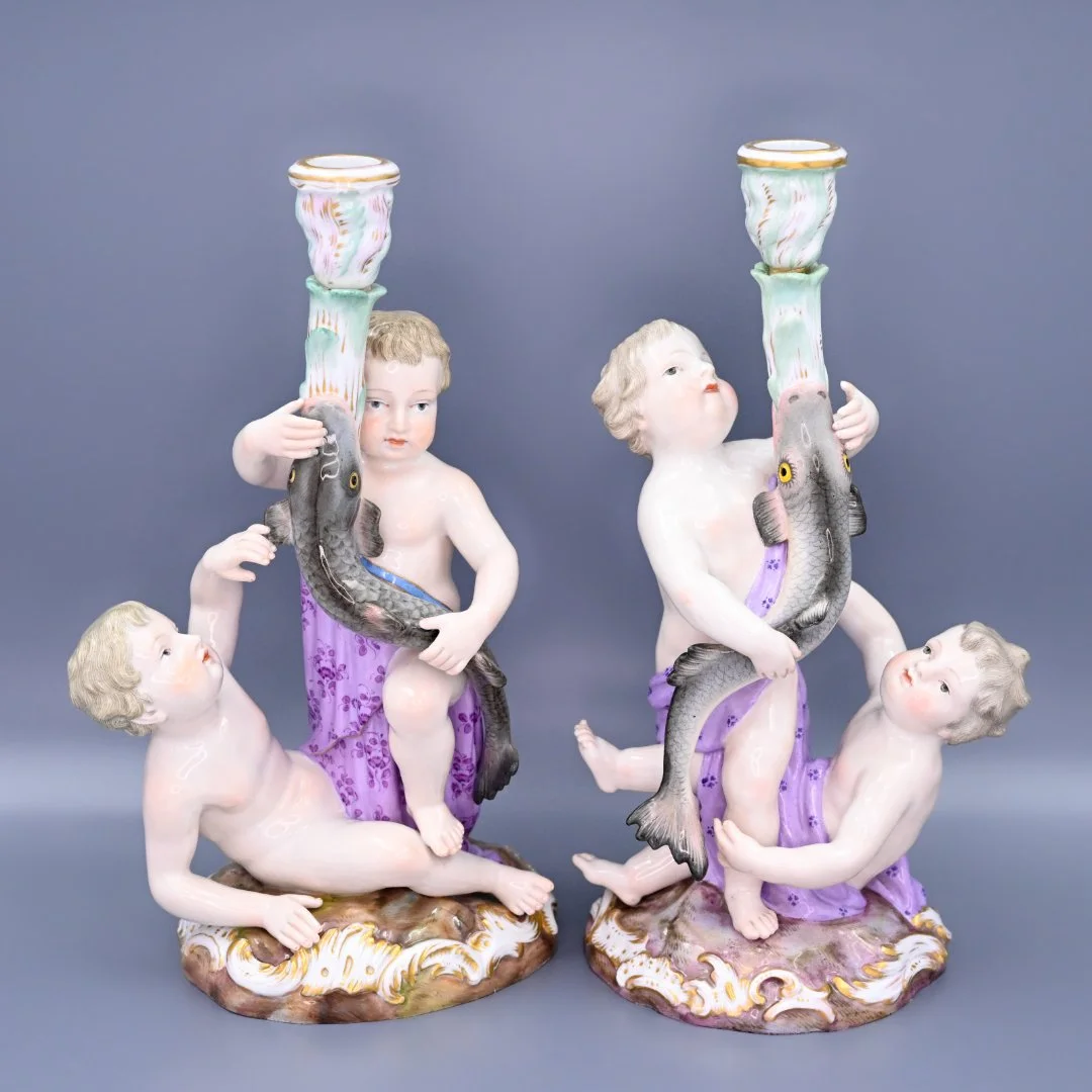 Старинные подсвечники Путти и рыбы фарфор Майсен Meissen