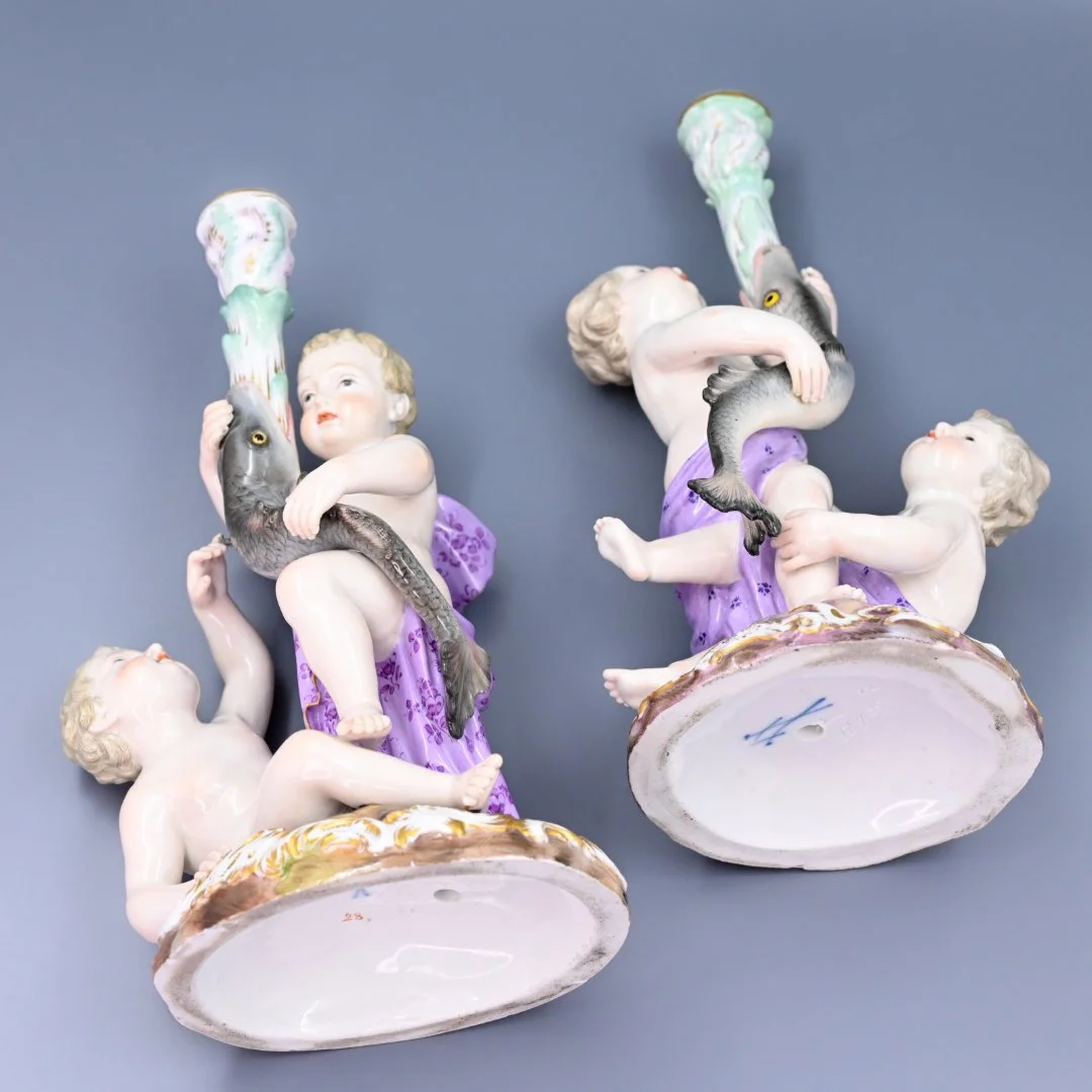 Старинные подсвечники Путти и рыбы фарфор Майсен Meissen - миниатюра 7