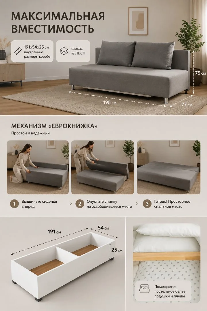 Новый диван прямой раскладной еврокнижка серый - миниатюра 3