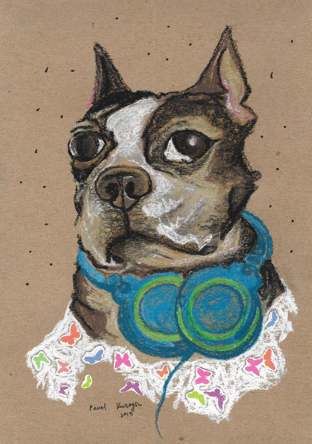 Коллаж и рисунок пастелью на бумаге Собака хипстер 4/ Hipster dog #4 (2019). 21 х29,7 см