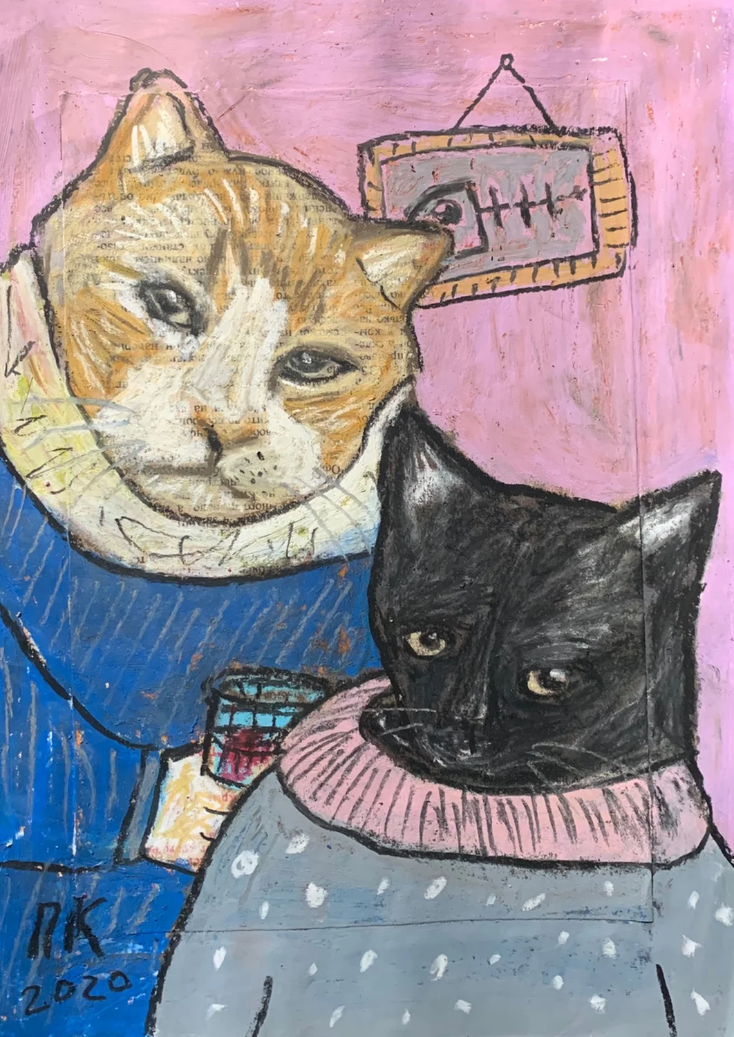 Авторский рисунок масляной пастелью на бумаге Пьющие кошки 1/ Drinking cats #1 (2020).