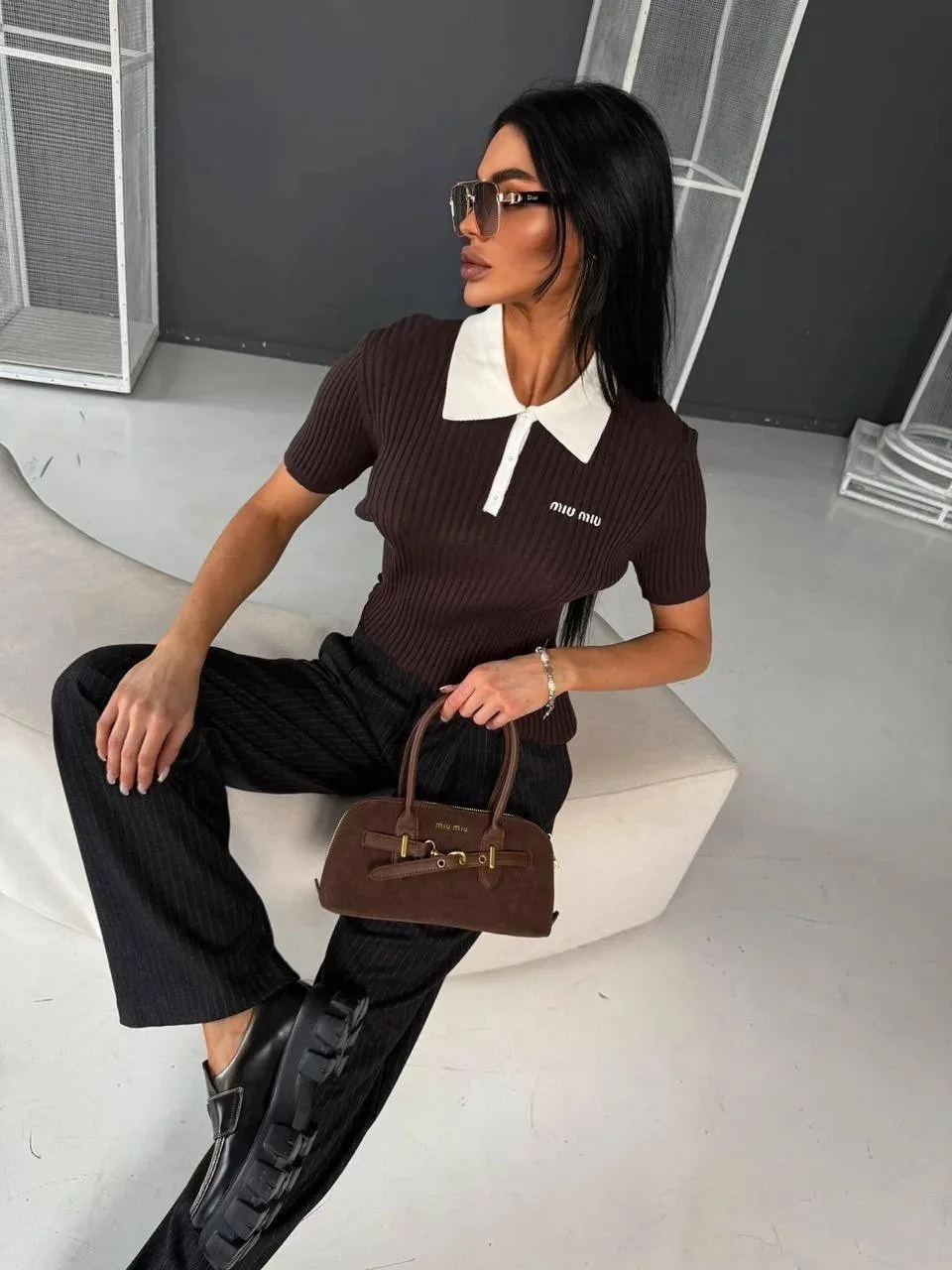 кофта поло MIU MIU (бордо, коричневый) - миниатюра 6